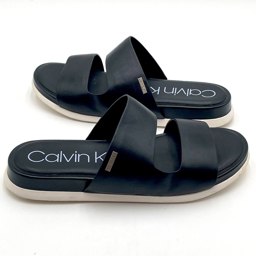 Calvin Klein Womens 10 Diona Slip-on Sandals Black Leather Straps White Sole